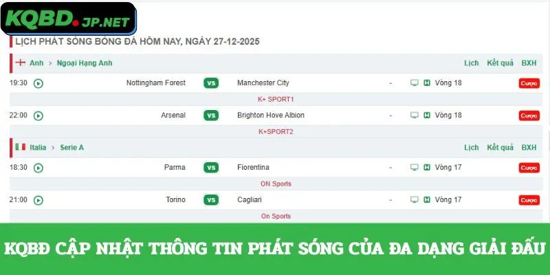 KQBĐ cập nhật thông tin phát sóng của đa dạng giải đấu