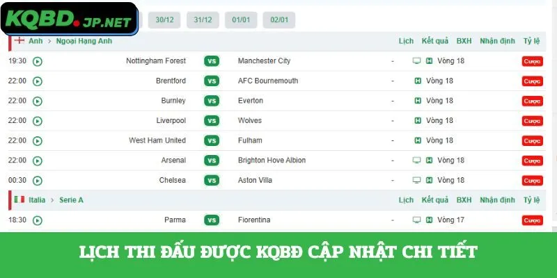 Lịch thi đấu được KQBĐ cập nhật chi tiết